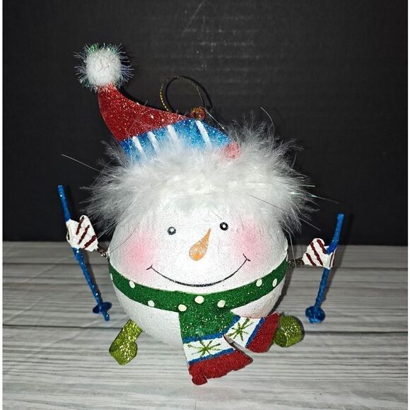Pier 1 Imports 5.5" Glitter Skiing Snowman Ball Christmas Holiday Tree Ornament - Picture 4 of 9